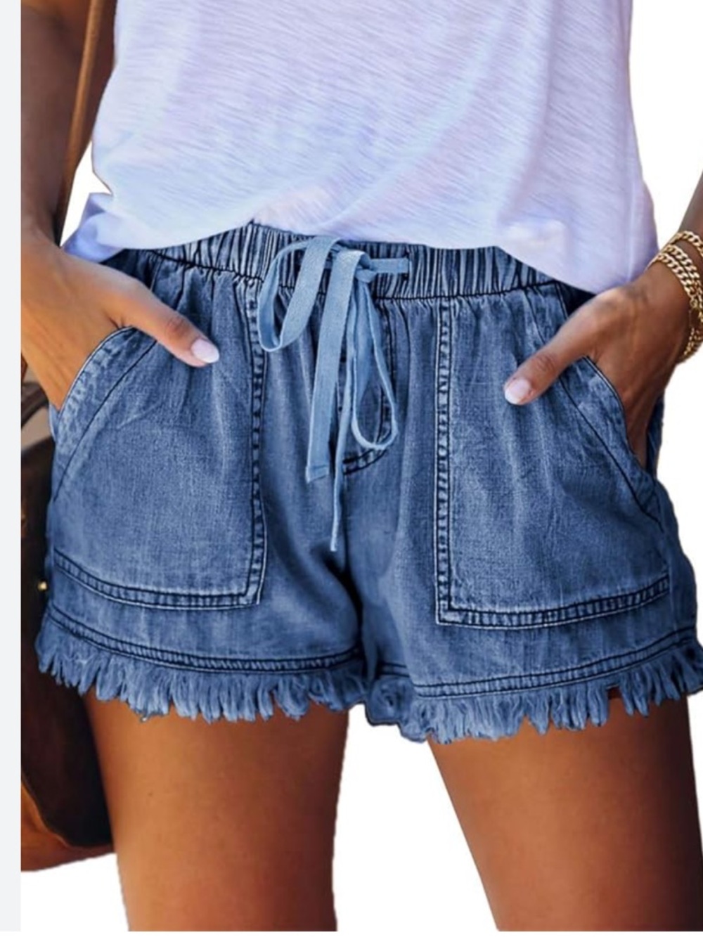 Casual Drawstring Denim Shorts with Frayed Hem - Blue